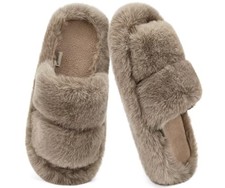 Women's Fuzzy Slippers Memory Foam Open Toe Slip On House Shoes Size 11 Brown