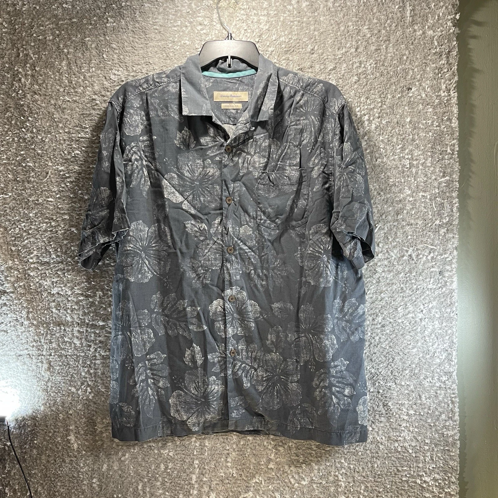 Tommy Bahama Silk Shirt Button Front Hawaiian Camp Shirt Xl Gray Floral
