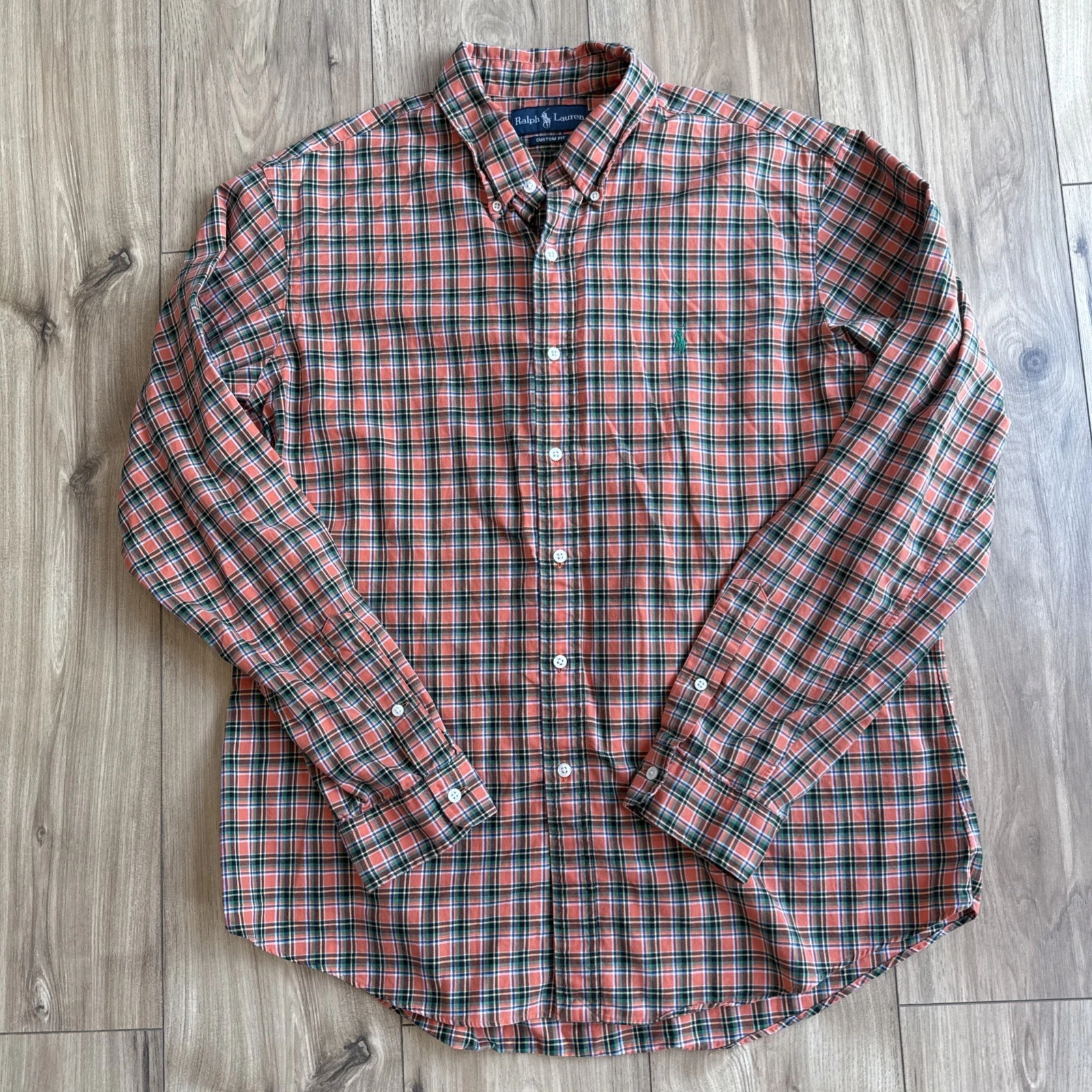 Vintage 90s Ralph Lauren Custom Fit Plaid Flannel Shirt Men’s XL Cotton Orange