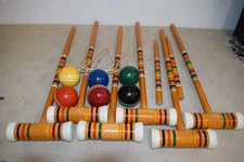 Vintage Franklin Wood Croquet Set on Stand 6 Players 3 Stripe Balls