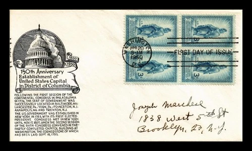 US COVER FIRST DAY OF ISSUE BLOCK OF 4 NATIONAL CAPITAL SESQUICENTENNIAL 1950