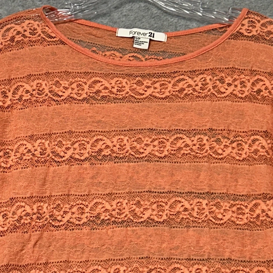 Top transparente de encaje FOREVER 21 talla S/P Y2K coral naranja para mujer junior manga corta Foto 4 de 4