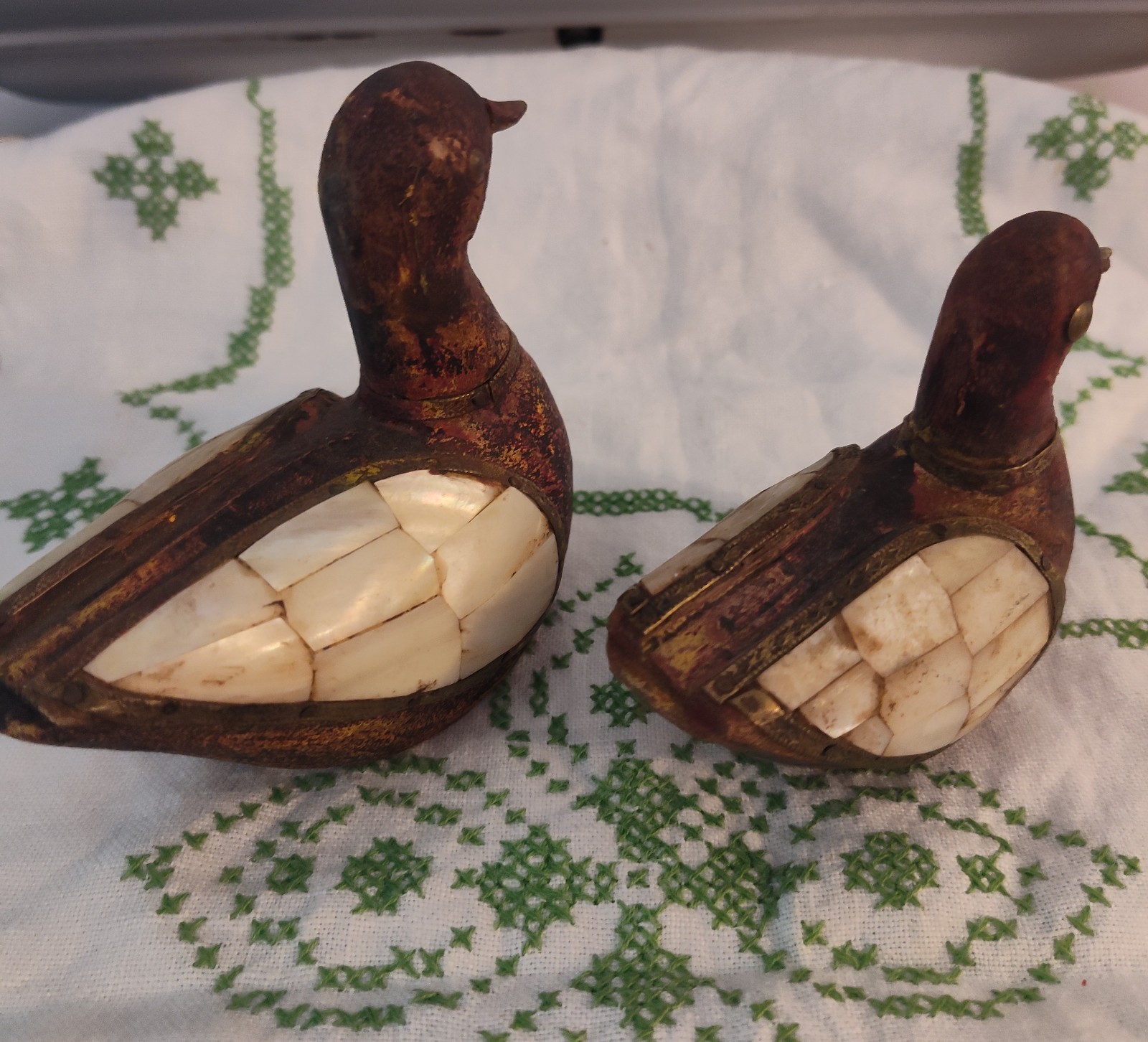 Vintage Set Of Rajasthani Duck Sculptures Mother Of Pearl Inlay & Brass Gorgeous