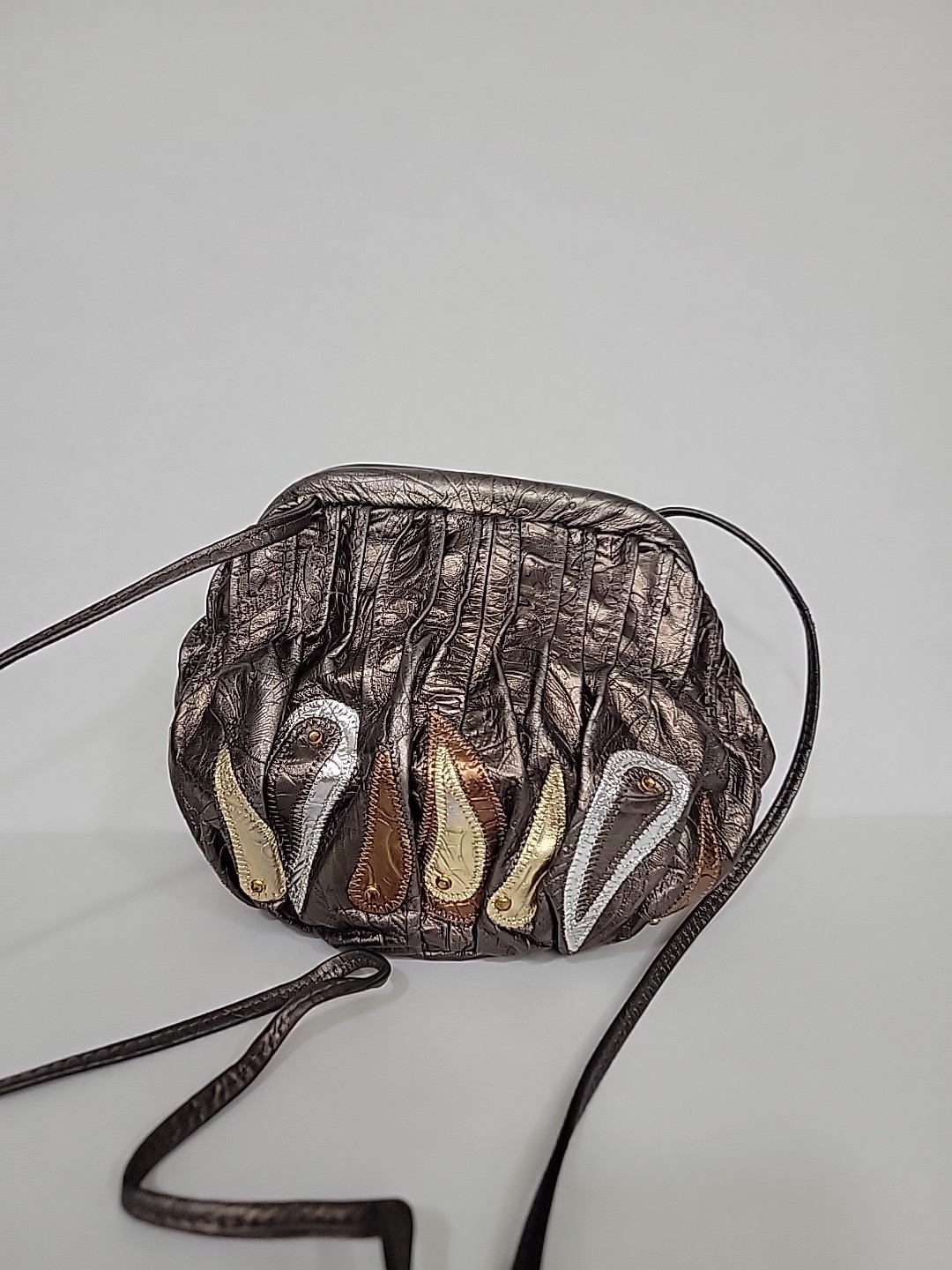 VTG 80s Metallic Leather Patchwork Crossbody Purs… - image 2