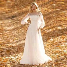 Elegant A-Line Wedding Dresses Square Neck Long Puff Sleeves Chiffon Bridal Gown