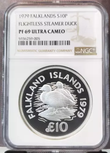 1979 FALKLAND ISLANDS SILVER 10 POUNDS STEAMER DUCK NGC PF 69 ULTRA CAMEO SCARCE