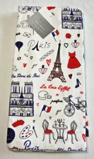 BLISS STUDIO KITCHEN TOWELS (2) 18 x 28  WHITE RED BLUE PARIS 100% COTTON