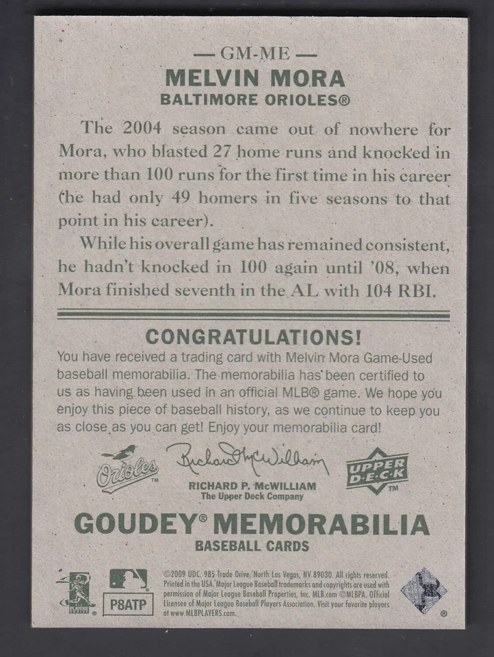 Melvin Mora 2009 Upper Deck Goudey Memorabilia Game Worn Jersey Card - Image 2 of 2