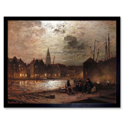 Gemälde Landschaft Stadt Maritim Douzette Hafen Menschen 12 x 16 Zoll Gerahmter Druck
