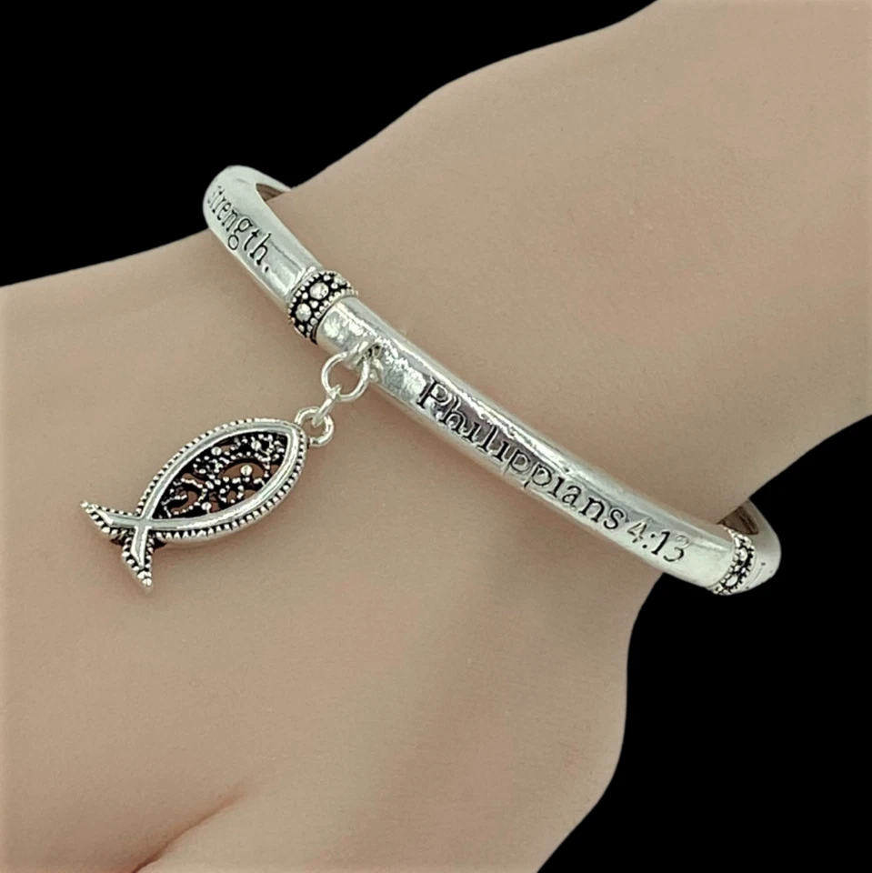 Brazalete elástico Phillipians 4:13 Christian Fish plata rodio Foto 4 de 4