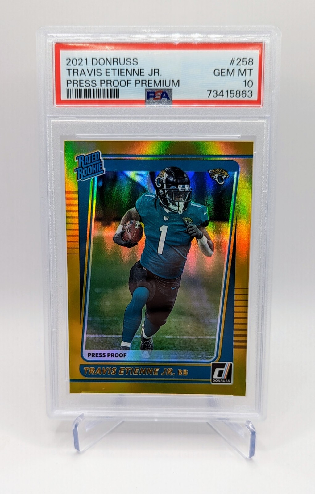 2021 DONRUSS TRAVIS ETIENNE JR ROOKIE PRESS PROOF PREMIUM GOLD #258 RC PSA 10