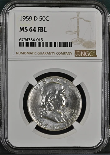 :1959-D 50C Franklin Half Dollar Select NGC MS64 FBL Full Bell Lines Blast White