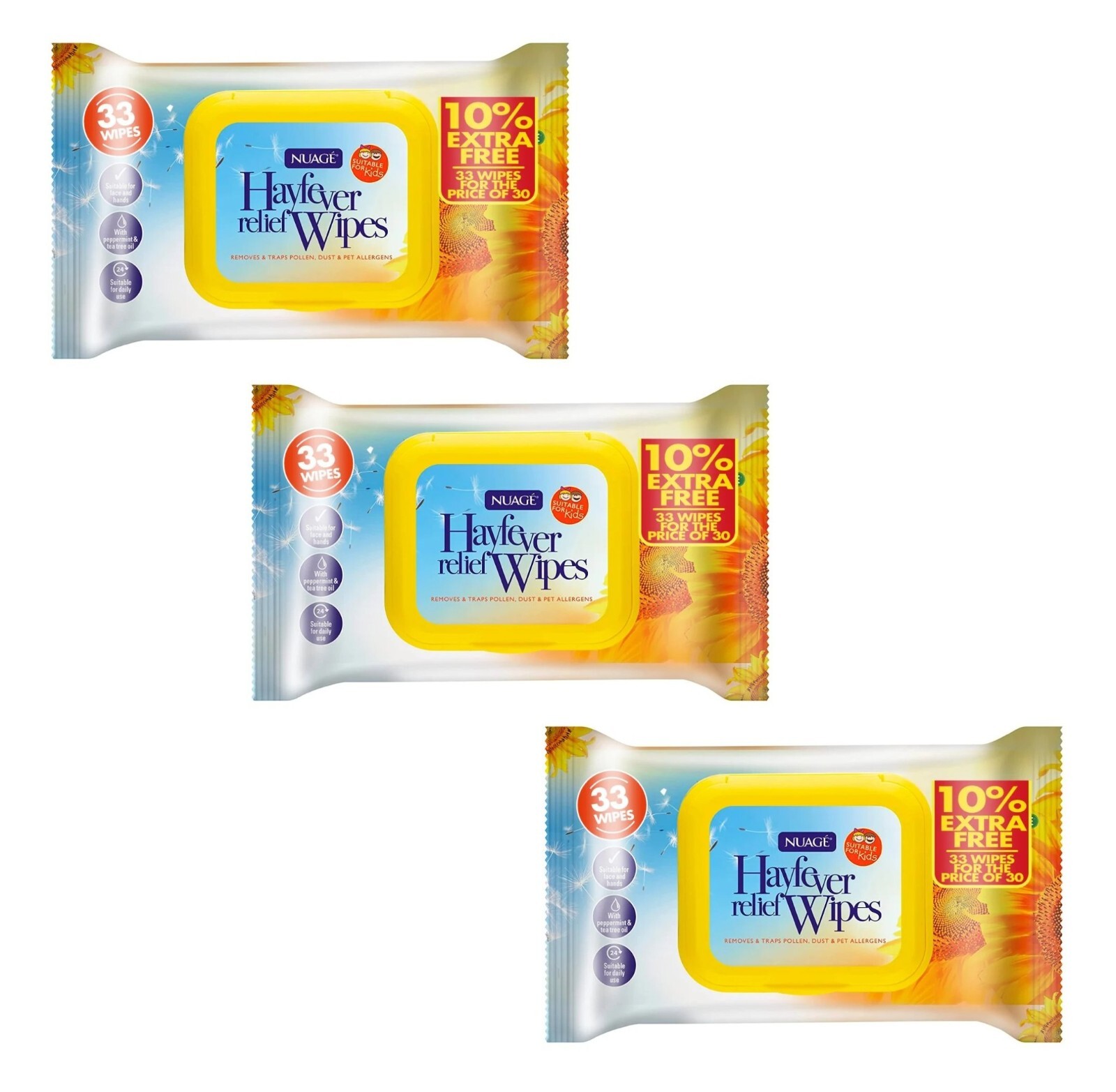 3 x NUAGE HAYFEVER RELIEF HAND & FACE WIPES 33's POLLEN, DUST, & PET ALLERGENS