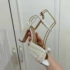Luxury Womens Peep Toe Pearls Ankle Strap Sandals High Heel Bride Wedding Shoes