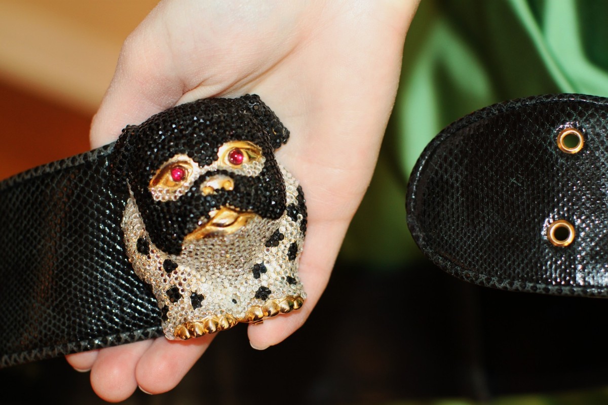 Judith Leiber SWAROVSKI Crystal BELT LEATHER PUG BULLDOG DOG  display picture 2