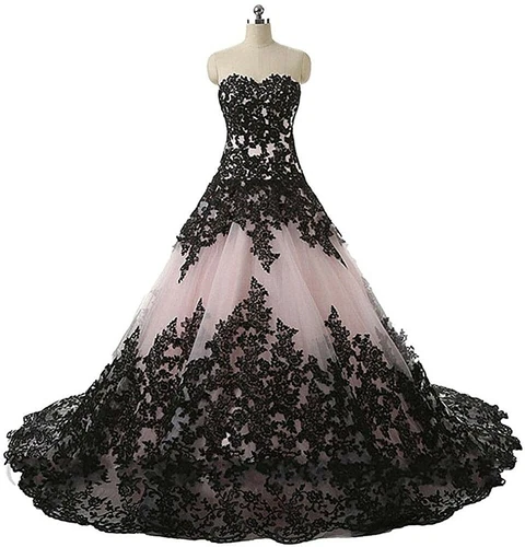 Bridal Dress Strapless Black Wedding Dress Tulle Lace Stickers Wedding Dress- - Picture 19 of 30