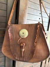 Vtg. 60-70s Hippie Crossbody Round Saddle Bag Purse Hand tooled Genuine Leather