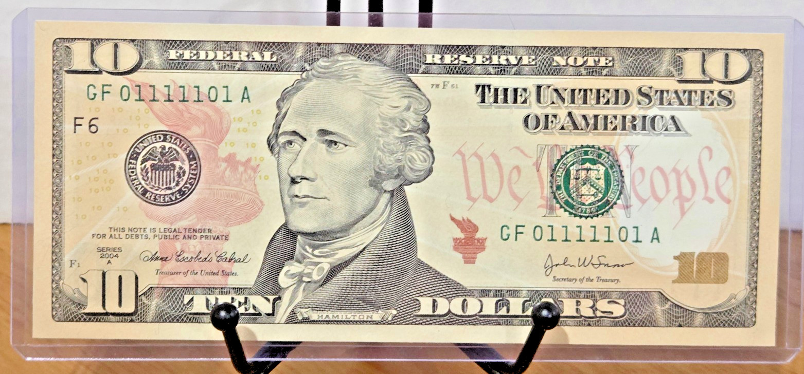 2004-A $10 Federal Reserve Note UNCIRCULATED 0/1 True Binary #GF01111101A