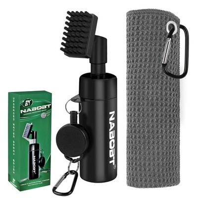 Golf Towel and Brush Set 16x16 Inch Club Cleaner Clip Squeeze Water Bottle