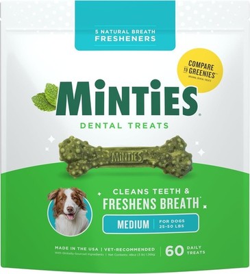 Minties Dog Dental Chews 25 50 lbs 60ct Teeth Cleaning Fresh Breath - Free P&P