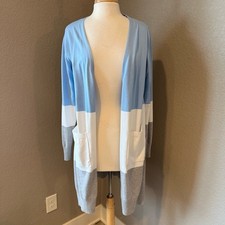 Colorblock Open Front Long Line Cardigan Blue White Grey Medium