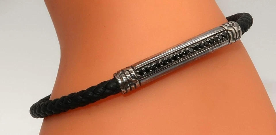 Brazalete JOHN HARDY Diamante Negro, Plata 925, Cadena de Cuero Estación, 8" Nuevo en Caja Foto 4 de 4