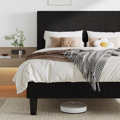 Elegant Black Upholstered Bed Frame with Tufted Headboard & Wooden Slats