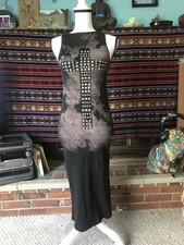 Vintage Top Shop SILVER STUDDED CROSS Long Black Sheath Dress Goth Rocker US 2