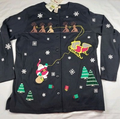 Vintage NWT Bechamel Appliqued Christmas Reindeer Santa Cardigan Shirt Med M 