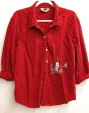 Original TY Wear 18 red buttoned lighthouse embroidered 3/4 sleeve linen top