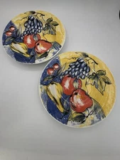 Set Of 2 Pier 1 Italy Ceramic Yellow Blue Red Fruit Pear Apple Grapes Bowls