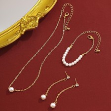 Bridal Pearl Jewelry Set Gold Necklace Bracelet Earrings Wedding Gift Set