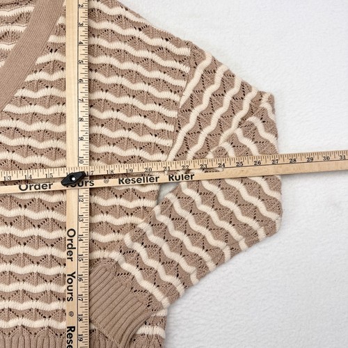 ModCloth Cardigan Sweater Medium Tan White Striped Open Knot Crochet Grandma - Picture 8 of 9