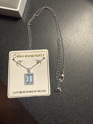 Ring Bomb Party Blue Aquamarine CZ Pendant Necklace Rhodium Plated NWT