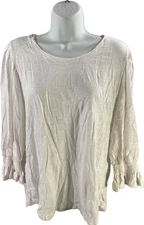 Chico’s Women’s White Cotton Slub Ruffle Cuff 3/4 Sleeve Scoop Neck Shirt - 2/L