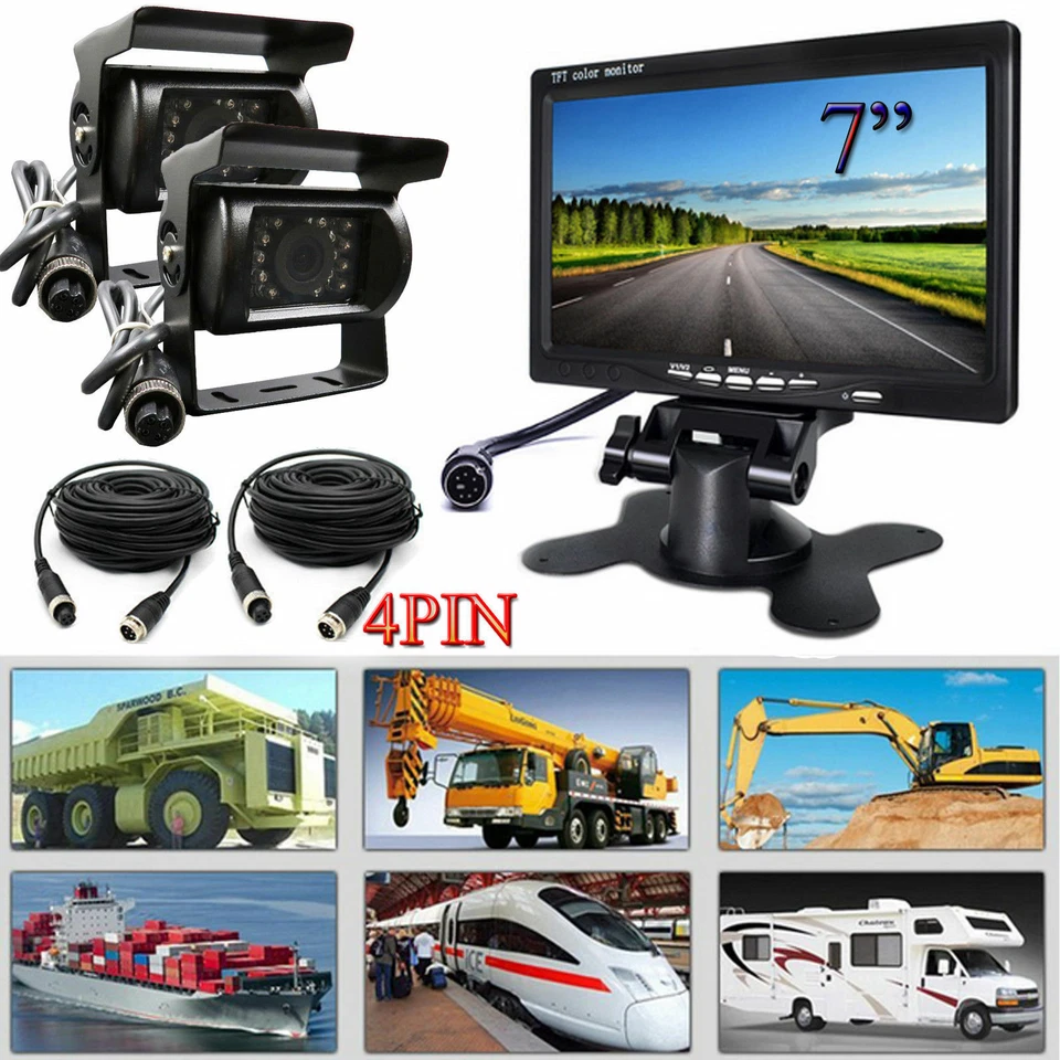 7" HD Monitor 2x IR Waterproof Rear View Reverse Camera for Truck RV Trailer Bus - Image 3 of 4
