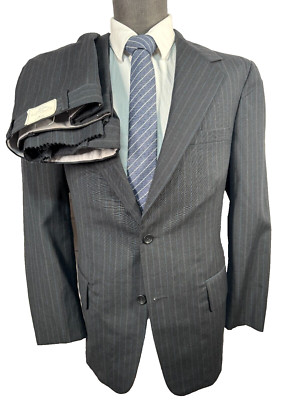 VINTAGE HUDSONS' Mens Black PINSTRIPE Wool 2 Pc Suit 42R Jacket 37x36 Pant