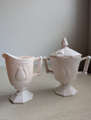 Jeannette Pink Milk Glass Baltimore Pear Pattern Sugar & Creamer Set Vintage