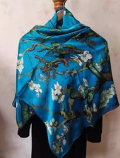 100% Silk 35" Large Square Scarf Women Shawl Wrap Floral blue green JH12-13