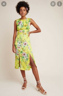 NWT Anthropologie Sparrow Silk Midi Floral Yellow A Line Dress Sz 6 Silk $238 