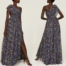 MAC DUGGAL Gown Women 0 Blue Floral One Shoulder Maxi Dress Cut-Out Front Slit