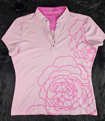 Nancy Lopez Delux Dri Woman Top Short Sleeve Shirt SZ(L) Big Flower Pink 1 Snap