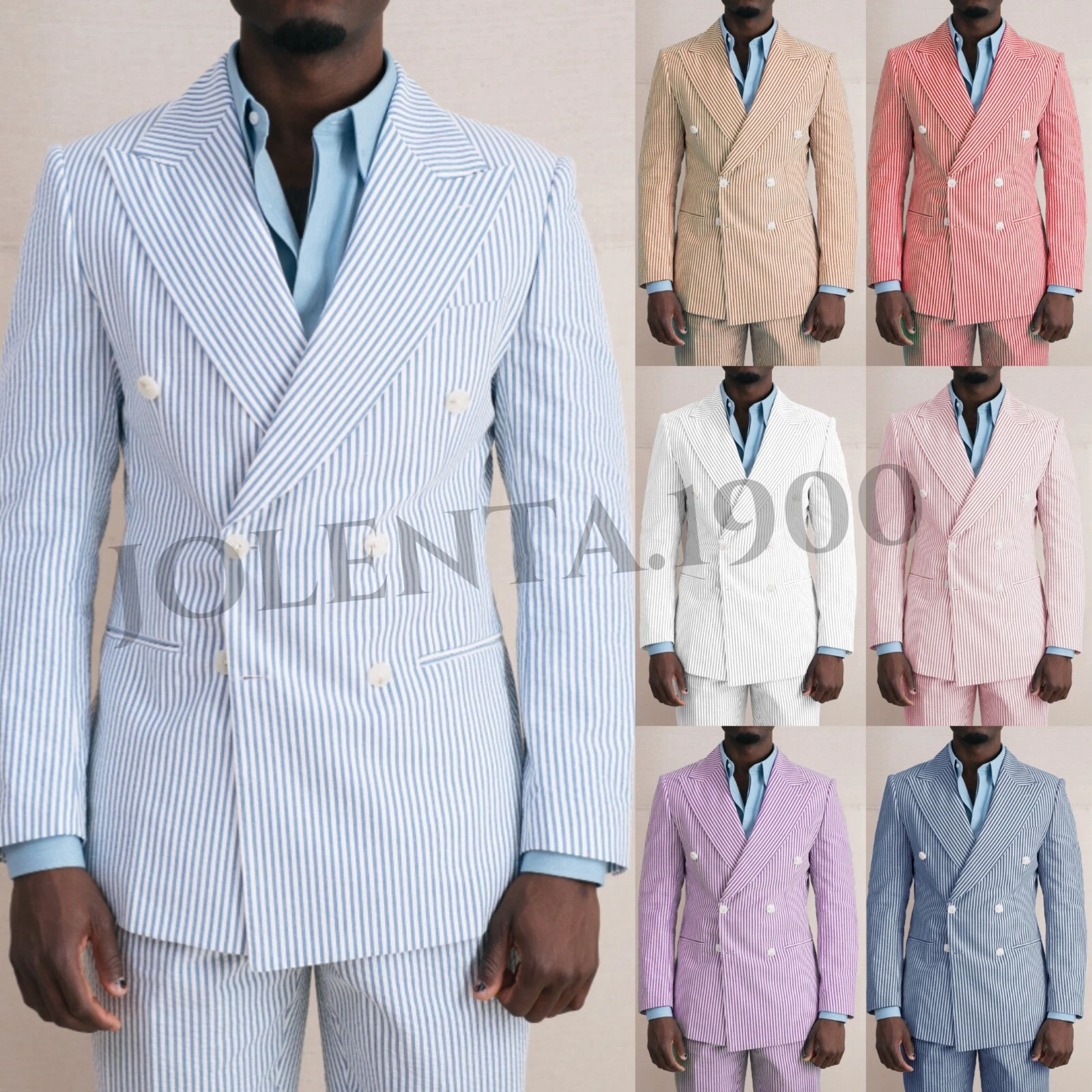 Wide Peak Lapel Men Suits 2Pcs Seersucker Summer Beach Blazer Wedding Groom Coat