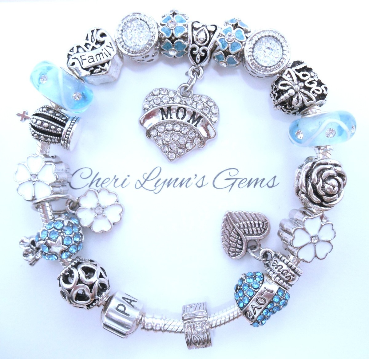 MOM PANDORA SILVER CHARM BRACELET MOTHER PAVE CRYSTAL HEART CHARMS