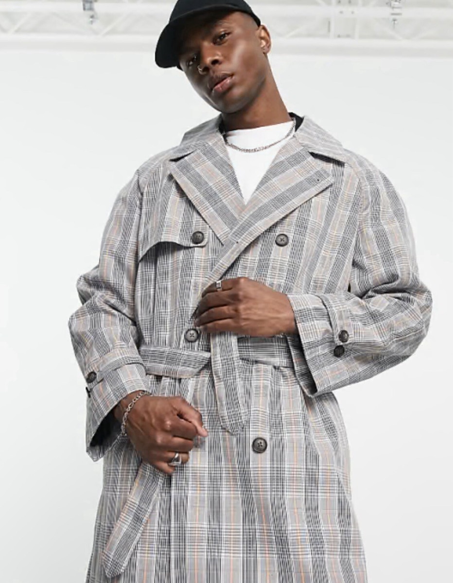 ASOS Design Mens Black Beige Orange Check Oversized Trench Coat L