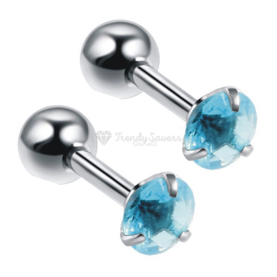 3mm Sky Blue Women Men Kids Helix Screwback Cubic Zirconia Ball Stud