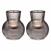 2X Windlicht Rillen Glas Mit Teelichthaltereinsatz Grau Ø11Cm H12,5Cm Tischdeko
