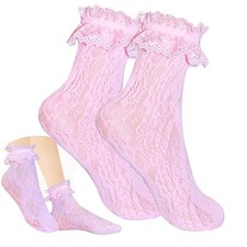 Women Ruffle Cute Socks for mid-calf, Lace Ruffle Frilly Lace - Pink