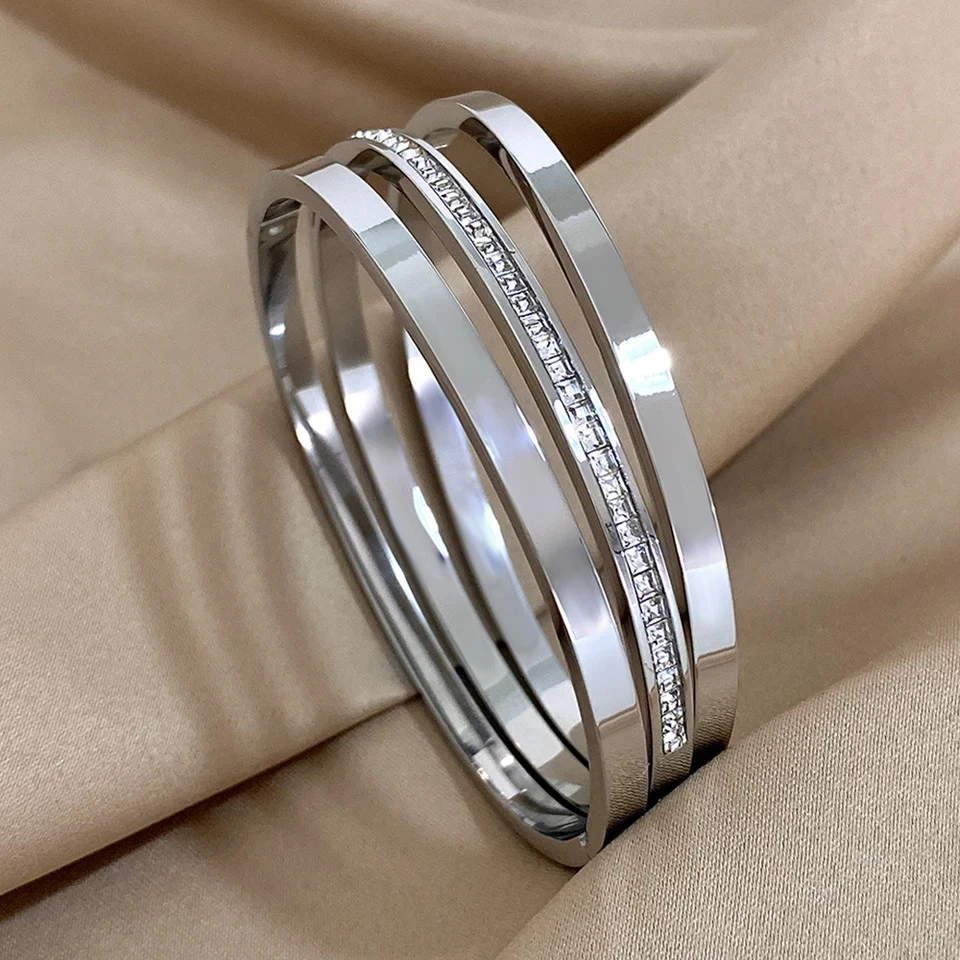 3 Pc Gold Tone Crystal Cuff Bracelets Women Textured Stackable Stainless Jewelry - Image 2 of 4