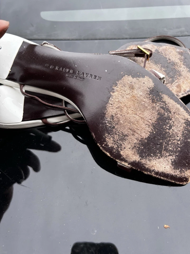 Sandalias Ralph Lauren Marrón y Blanco Rayas Tirantes Tacones Talla 8B Hechas en Italia Foto 4 de 4